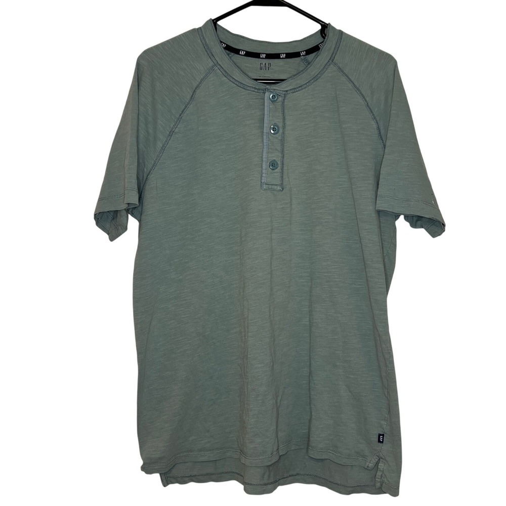 GAP Mens Short Sleeve Henley Shirt Green Cotton Blend Size L‎ Basic Button Neck